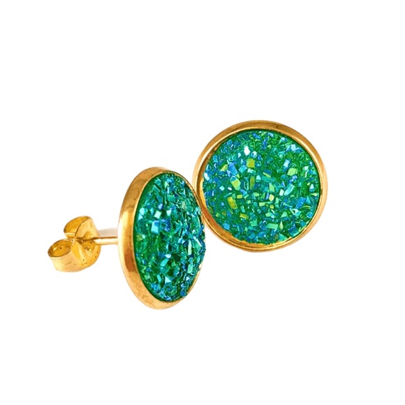 18K Gold Plated Green Blue Glitter and Gold Round Stud Earrings - Picture 1 of 6